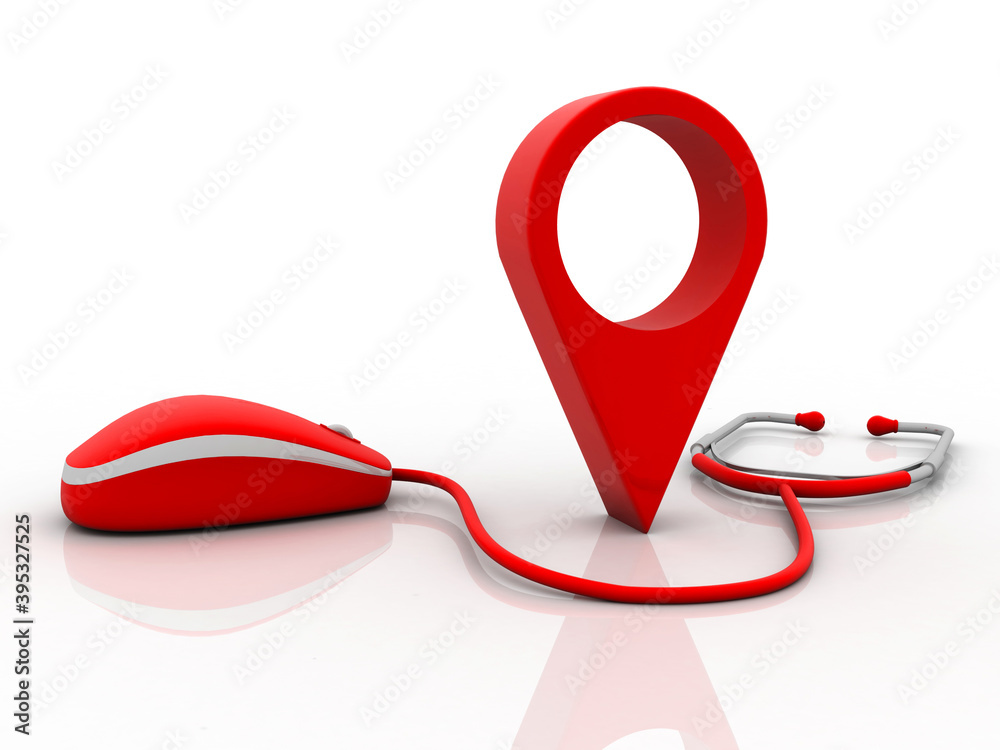 Fototapete 3d rendering red map pointer with mouse connected stethoscope
