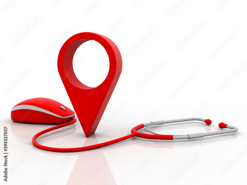 Fototapete 3d rendering red map pointer with mouse connected stethoscope
