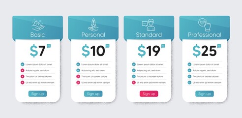 Skin care, Person talk and Crowdfunding line icons set. Price table chart, business plan template. Checkbox sign. Hand cream, Communication message, Start business. Confirmed. People set. Vector