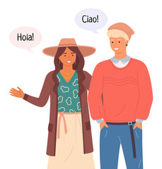 Young people in casual clothes talking Hello in different languages in chat bubble. Friends guy and girl portrait. Smiling man and woman standing straight. Italian and spanish student greet at meeting