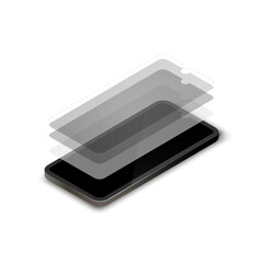 illustration of smartphone screen layers. Technology screen sctructure, layered phone display. Isometric view