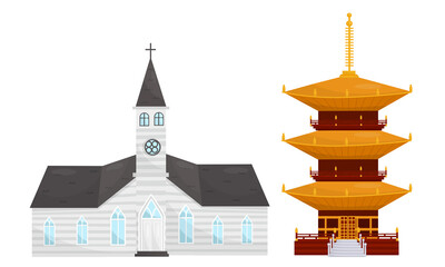 Temples of Different Religion with Catholic Church and Pagoda Vector Set
