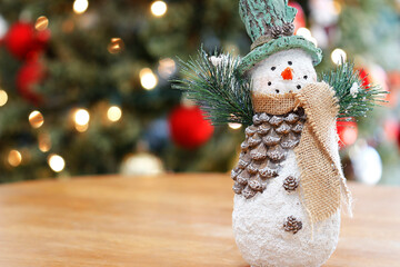 Beautiful background with balls and merry christmas lights with snowman