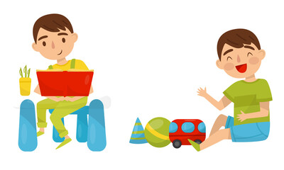Smiling Boy Sitting at Desk Reading Book and Playing with Toys Vector Set