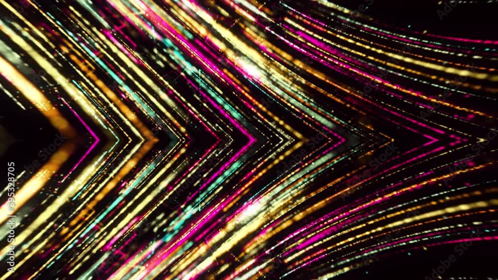 Poster shining lines move in shape of arrow. animation. shining cyberspace lines form angle. lines move in 