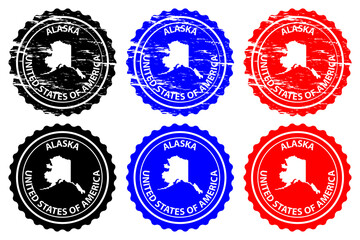 Alaska - rubber stamp - vector, Alaska (United States of America) map pattern - sticker - black, blue and red 