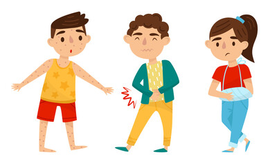 Little Boy and Girl Suffering from Stomachache and Chicken Pox Vector Set