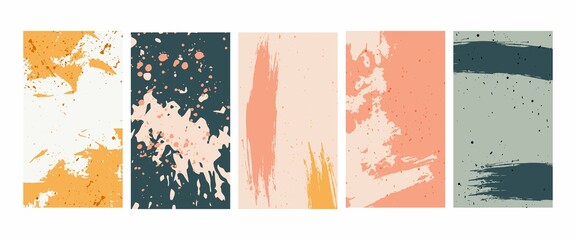 Trendy backgrounds. Patterns paint stains splashes pastel modern colors textures. Hand drawn abstract vector set. Social stories, personal blog posts, vertical templates for media marketing banners