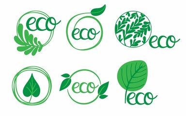 Eco labels. Oganic green circle frames with leaves and branches, bio products stamps, ecology friendly emblem set, quality product badge promotion decoration element hand drawn illustration