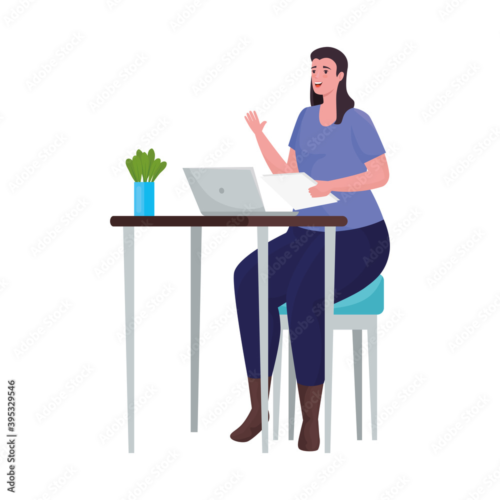 Sticker woman using laptop for meeting online in the desk vector illustration design