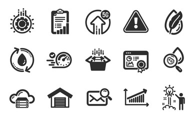 Hypoallergenic tested, Cloud server and 5g upload icons simple set. Packing boxes, Water analysis and Gear signs. Seo certificate, Refill water and Creative idea symbols. Flat icons set. Vector