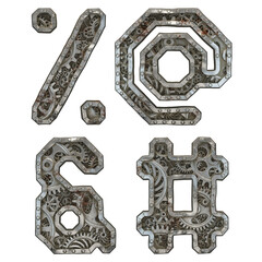 Mechanical alphabet made from rivet metal with gears on white background. Set of symbols percent, at, ampersand and hash. 3D
