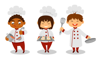 Cute Kids Chef in Hat Holding Soup and Baked Cookies on Sheet Pan Vector Set