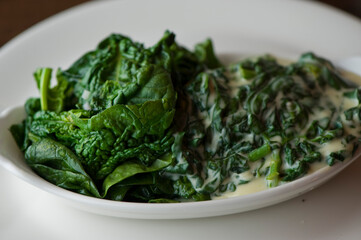 Creamed spinach roasted in garlic, onions, olive oil and fresh herbs and spices. Classic American steakhouse or French bistro appetizer or side dish.