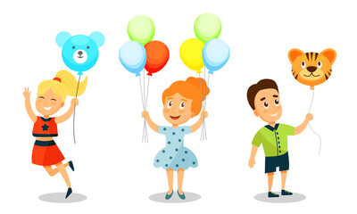 Kid Characters with Party Balloons Having Fun Vector Set