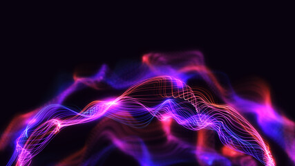 Bright glowing dynamic wavy background illustration artwork. Multi-colours line particles with beautiful bokeh. Digital 3d concept
