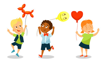 Kid Characters with Party Balloons Having Fun Vector Set