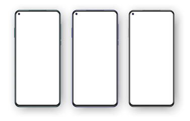 Set of three frameless phones mockup isolated on white background. Left placed selfie camera on the blank screen