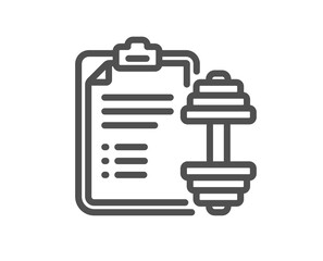 Dumbbell line icon. Workout plan sign. Gym fit report symbol. Quality design element. Linear style dumbbell icon. Editable stroke. Vector