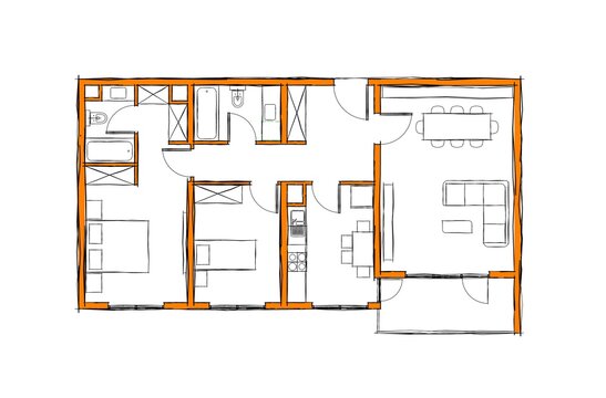 Illustration of two bedroom flat with balcony.  2 BHK architectural plan drawing with orange colored walls in hand sketch style.