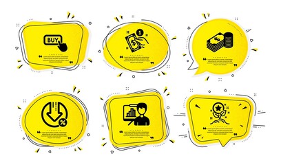 Savings, Payment method and Loan percent icons simple set. Yellow speech bubbles with dotwork effect. Buy button, Presentation board and Loyalty points signs. Vector