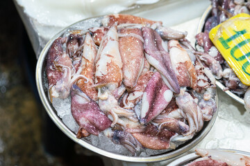 Group of fresh squid which is selling at fish market. Seafood photo, selective focus at the center part.