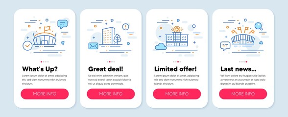 Set of Buildings icons, such as Hospital building, Buildings, Arena symbols. Mobile screen banners. Sports arena line icons. Medical help, City architecture, Sport stadium. Event stadium. Vector