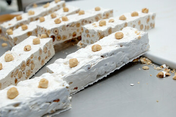 artisanal soft nougat factory of Tonara in the Sardinia region of Italy made with almonds and walnuts