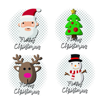 Christmas drawings. Vector image. Drawings of Santa Claus, tree, snowman, and a reindeer. Funny image to decorate.