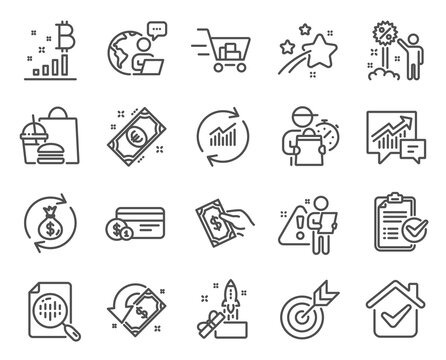 Finance icons set. Included icon as Euro money, Shopping cart, Target signs. Survey checklist, Innovation, Analytics chart symbols. Update data, Bitcoin graph, Payment method. Discount. Vector