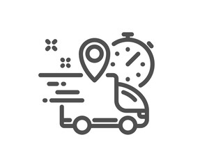 Express delivery line icon. Courier truck location sign. Order delivery symbol. Quality design element. Linear style express delivery icon. Editable stroke. Vector