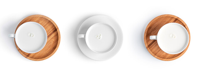 Cup with milk drink on a plate on a white background. High quality photo