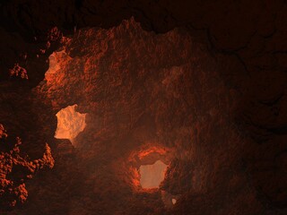 3d illustration. fantastic cave with windows and light coming through the windows and through the top