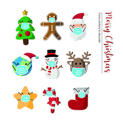Fototapeta premium Vector image. Different Christmas drawings with a mask. Christmas with mask.