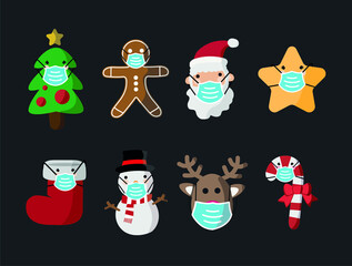 Vector image. Different Christmas drawings with a mask. Christmas with mask.
