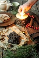 Delicious cookies with chocolate, cinnamon and walnats on a wooden background in Christmas eve