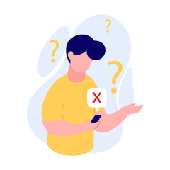 confused man holding phone with question mark and cross bubble, vector illustration
