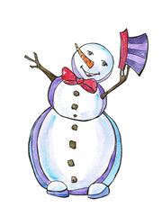 Watercolor cartoon snowman isolated on white background. Snowman with cheerful smile. Hand painted illustration can be used for christmas, new year, winter design.