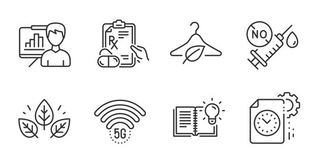 Project deadline, Product knowledge and Organic tested line icons set. Slow fashion, Prescription drugs and Coronavirus vaccine signs. Presentation board, 5g wifi symbols. Quality line icons. Vector