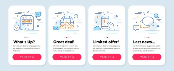 Set of Business icons, such as Swipe up, Rating stars, Winner ticket symbols. Mobile screen mockup banners. Dots message line icons. Scrolling screen, Internet rank, Carousels award. Vector