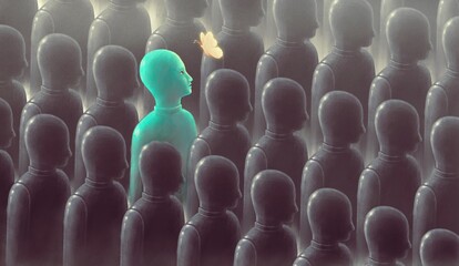 Surreal art of freedom dream life and hope concept idea , happiness imagination artwork, painting,  robot looking at butterfly in group of robots, futuristic 3d illustration © Jorm Sangsorn