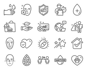 Healthcare icons set. Included icon as Capsule pill, Artificial colors, Pets care signs. Medical analytics, Face recognition, Social distancing symbols. Face declined, Medical tablet, Leaf. Vector