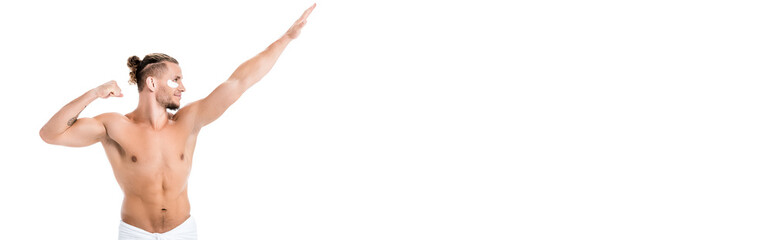 Fototapeta premium shirtless man in towel with eye patches on face showing muscles isolated on white, banner