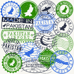 Pakistan Set of Stamps. Travel Passport Stamp. Made In Product. Design Seals Old Style Insignia. Icon Clip Art Vector.