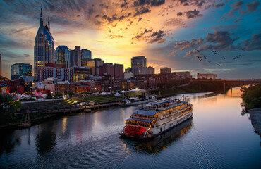 Nashville river front with show boat and sunset