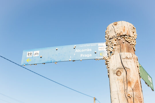 Way of Saint James wooden signpost (with many snails) pointing the way to Alcarras and Fraga, Province of Lleida, Catalonia, Spain