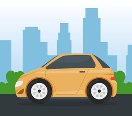 Fototapeta na wymiar yellow car vehicle traveling on the city vector illustration design