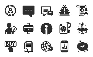 Search file, Approved and Time zone icons simple set. Divider document, User info and User idea signs. Info, Buying and Blog symbols. Project deadline, Startup and Comment. Flat icons set. Vector