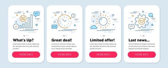 Set of Science icons, such as 5g wifi, Time change, Sunny weather symbols. Mobile screen mockup banners. Cogwheel line icons. Wireless signal, Clock, Sun. Engineering tool. 5g wifi icons. Vector