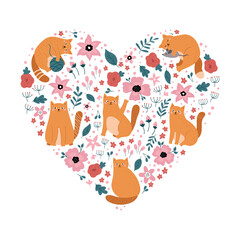 Cartoon funny cats in heart shape. Doodle kittens with flowers. Floral kitty. Ideal for print, sticker or fabric design. Vector illustration.
